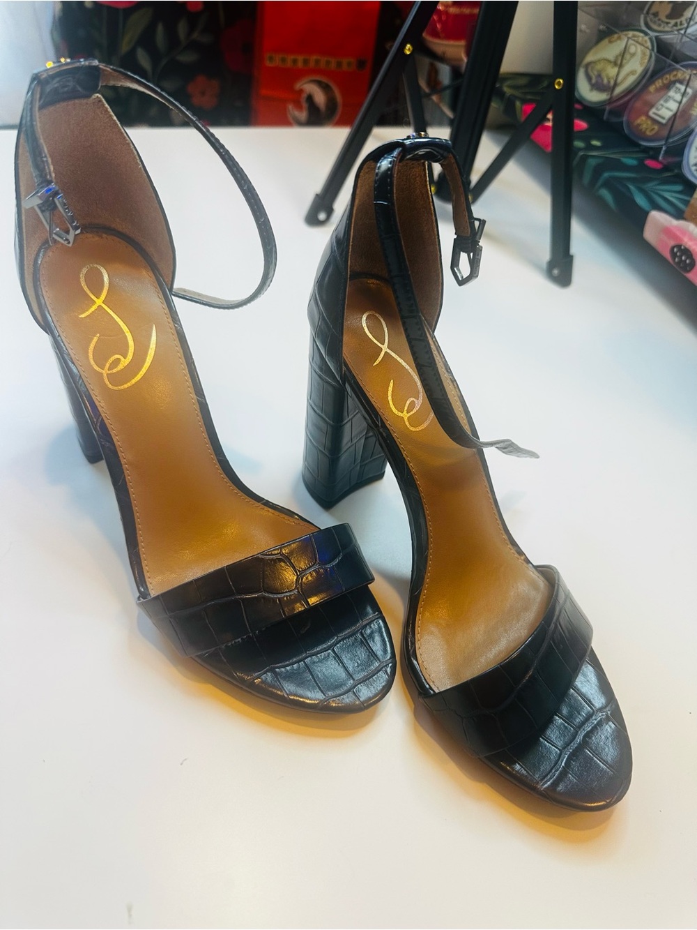 Sam Edelman Navy Croc-Embossed Ankle-Strap Block Heels